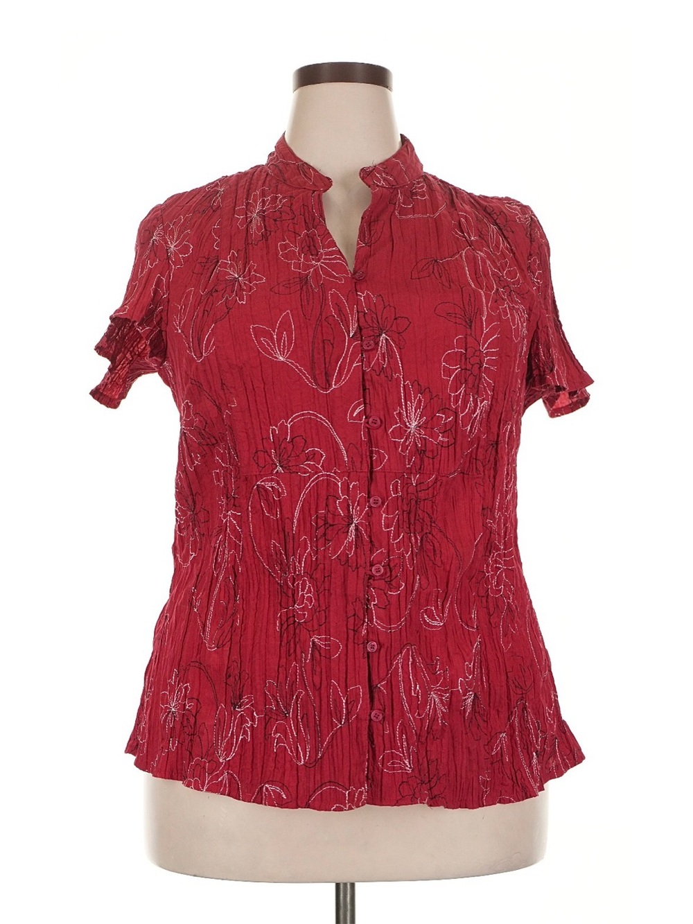 St. John’s Bay Red Floral Crinkle Button-Front Blouse